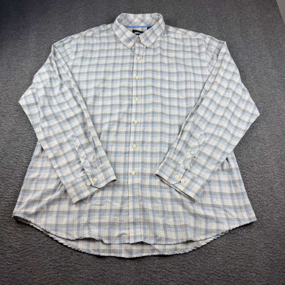 Van Heusen Button Down Shirt Men's XXL Blue Tan Plaid Classic Fit Long Sleeve